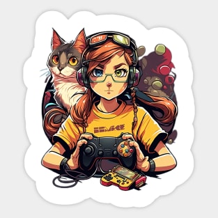 Kawaii player and her cat in the middle of a game Sticker